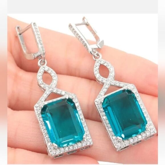 STERLING SILVER AQUAMARINE RECTANGLE DIAMOND EARRINGS - Picture 1 of 3